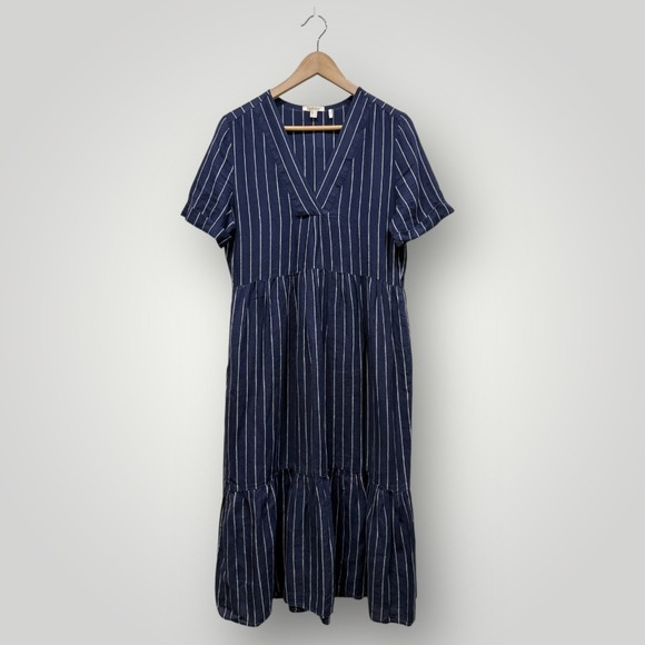 Barbour Dresses & Skirts - Barbour Marina Fogle Wickham‎ Dress Navy Blue Pinstripe 100% Linen Midi Womens 4
